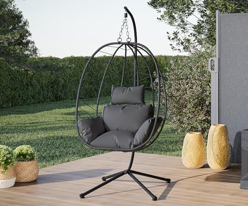 STEELSØN Alarian Hängesessel mit Gestell – Korbsessel Polyrattan inkl. Sitzkissen in Dunkelgrau/Schwarz – Hängestuhl höhenverstellbar für Garten & Balkon – Gartenschaukel faltbar, bis 150 kg belastbar