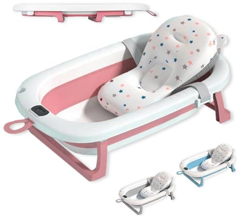 JUPPLIES Bañera Plegable Bebe con Cojin Ergonomico - Bañera Bebe con Patas Plegables Antideslizantes - Bañerita Bebe Portatil y Facil de Guardar - Bañeras para Bebes Banheira (Rosa, Con Termómetro)
