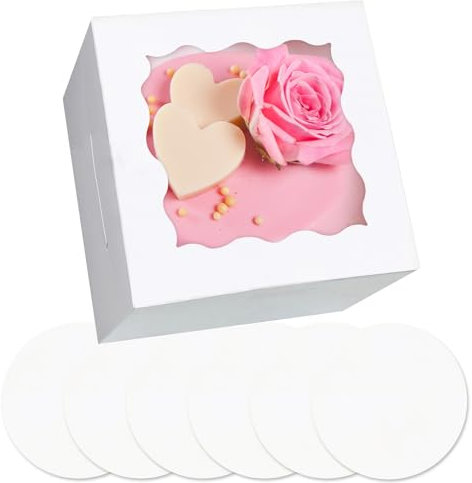 Gcardist 15,24x15,24x12,7cm Kuchenbox, 5 Sets Weiße Tortenkarton mit Fenster & 5 Sets 15,24cm Weiße Kuchenrunde Bretter, 15,24 cm Kuchenbehälter (6x6x5 inch)