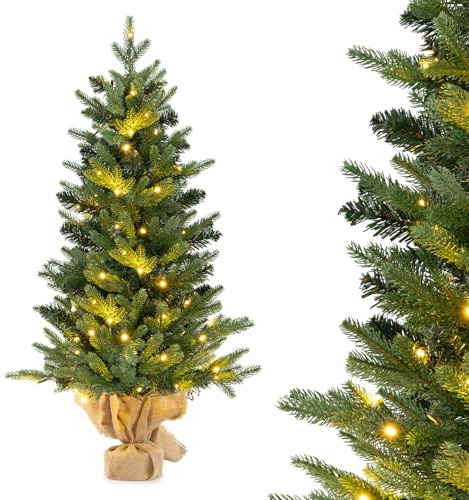 KOMFOTTEU Mini Albero di Natale Artificiale 90 cm con Timer, Albero di Natale da Tavolo con Luci LED, 363 Punte di Rami, Supporto in Metallo, Christmas Tree in PVC e PE, Verde
