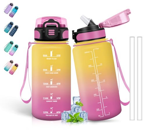 Gourde- 500ml- Gourde Enfant, Gourd avec Paille, Anti-Fuite, Gourd Graduée pour 1 Journee, avec Marqueur de Temps, Gourdes Sport pour Filles, Bouteille d'eau pour l'École, Voyage, Camping, Jaune-Rose
