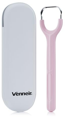 Venneir® Raschietto per lingua con custodia da viaggio, trattamento per alito cattivo Oral Glide Pro, in acciaio inox di grado medico, per adulti e bambini, 100% antiruggine, design elegante ed