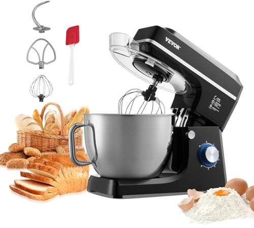VEVOR Batidora de Masa de 7,84 L, Batidora de Alimentos con Cabezal Inclinable de 1400 W y 6 Velocidades, Tazón de Acero Inoxidable, Gancho para Masa, para Hornear y Mezclar, Negro, 450 x 268 x 362 mm