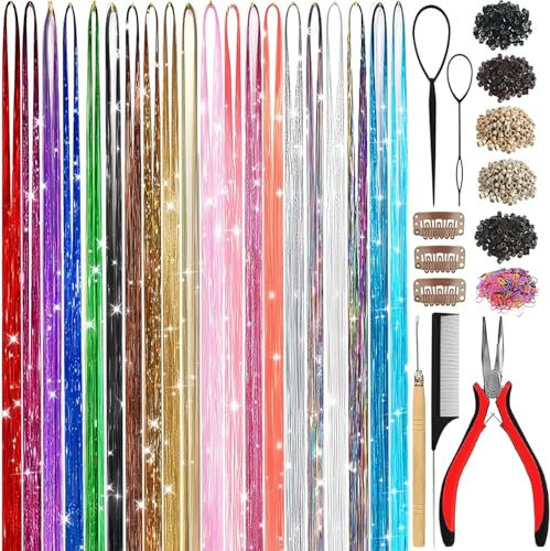 Hair Tinsel, 20 Colors Hair Tinsel Kit for Girls 8600 Strands Fairy Tinsel Hair Extensions Holographic Hair Tinsel Heat Resistant Colored Hair Glitter Christmas Party Festival (20 Colors)