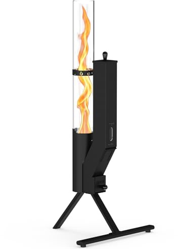 Onlyfire Estufa de Exterior de Pellets, Antorcha con Llama en Espiral de 360°, Chimenea de Jardín con Cilindro de Cristal de 65cm, Brasero de Exterior para Terraza y Camping, Altura Total 110cm