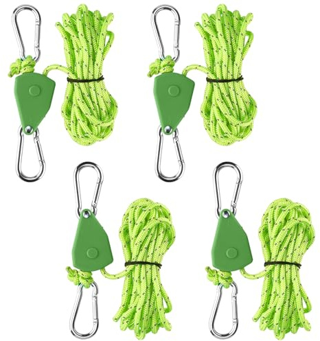 4 pezzi 4 mm corda regolabile a cricchetto, 5 m corde di tensionamento con tenditore per corda, gancio regolabile a cricchetto, corda per tenda, tenda da sole, tenda da trekking picnic – verde