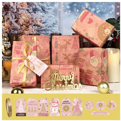 Papier d'emballage de Noël 70x50cm, Papier Cadeaux de Noel Recyclable avec Ruban et Etiquettes pour décoration de fête (Rose)
