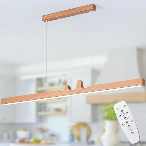 DDYY LED Dimmbar Pendelleuchte Esstisch Holz, Linear Design Hängeleuchte Esstisch lamp, Mit Fernbedienung Hängelampe, Dimmbar 3000-6000K Pendelleuchte Für Esszimmer Küche Esszimmerlampe (L100CM)