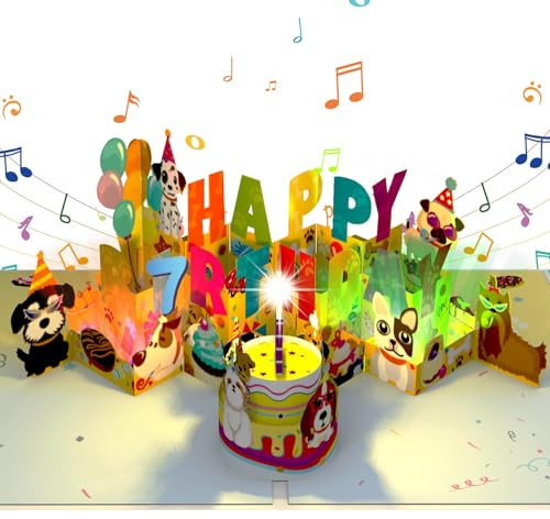 Tarjeta de cumpleaños con música para niños de 7 años, divertidas tarjetas de cumpleaños en 3D para perros y pasteles, con música y luz, tarjeta de canto pop up, regalos de cumpleaños para 7 años