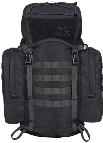 Highlander Forces Elite 33L ryggsäck – kraftig militär, taktisk, vandring, vandring, kadett, utomhusryggsäck – med MOLLE, midjerem, lockficka, vadderad rygg, vätskeblåsa kompatibel, Svart, S