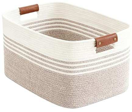Cesto portabiancheria intrecciato piccolo in corda di cotone, 45 x 35 x 27 cm, con manici in pelle, cestino da 45 l, per cuscini, vestiti, peluche, biancheria/coperte (bianco e marrone)