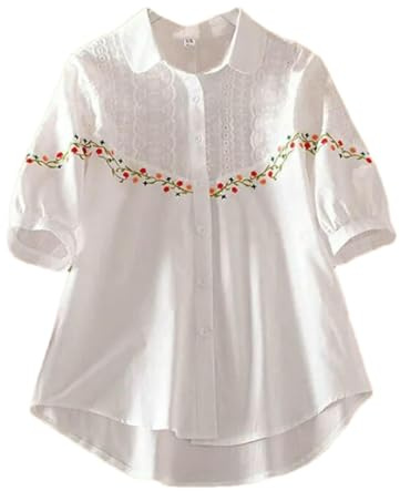 GaoLeAve Chemisier brodé blanc à manches courtes bouffantes boutonnées en dentelle florale patchwork décontracté coupe ample pour femme