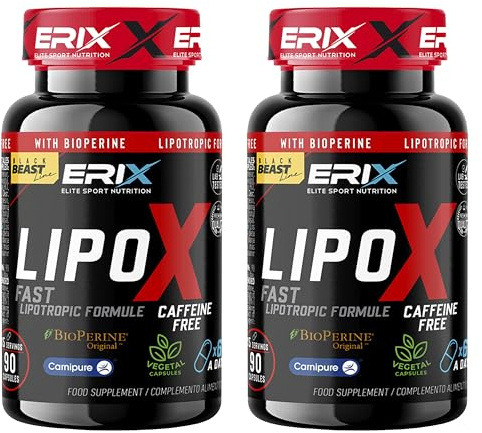 ERIX Nutrición Lipo X - Quemagrasas Sin Cafeína con L-Carnitina Carnipure, Garcinia Cambogia y Colina - Pack de 2 Botes (180 Cápsulas)