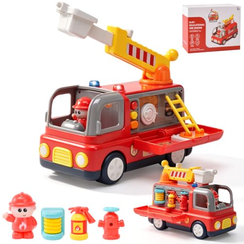 LTFIOON Camion de Pompier Jouet avec Lumières et Sons, Véhicule de Pompiers avec Pièces Amovibles, Échelle Pivotante à 360°, Figurines de Pompier, Jouet Montessori pour Enfants Dès 3 an