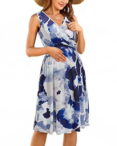 OUGES Summer Womens Maternity Dresses V-Neck Sleeveless Nursing Dress Casual Floral Breastfeeding Dress with Pockets(Floral5,XL)