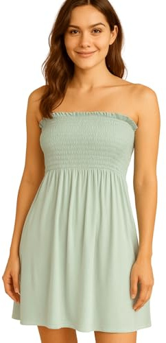 STAR FASHION Women’s Strapless Sheering Ruched Bandeau Dress Plain Boob Tube Sleeveless Midi Dress Summer Holiday Beach Flared Dress Soft Stretch Grey 12-14