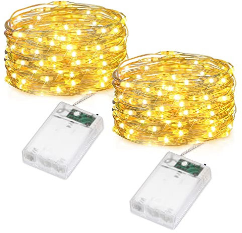 Flaspar Stringa Luci Led a Batteria, 2 Pezzi 5 metri 50 Led Rame filo Fata Luci Lucciole a Batteria Impermeabili, Decorazioni per Natalizie, Matrimonio, Giardino, Bianco Caldo