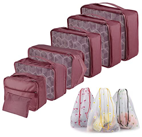 Sciphylia Koffer Organizer 10 Stück Reise Kleidertaschen Packing Cubes Kofferorganizer Packwürfel Set für Reise Packtaschen für Kleidung Verpackungswürfel mit Kosmetiktasche Schuhbeutel, Weinrot