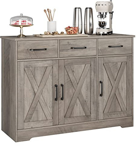 HOSTACK Modern Farmhouse Buffet Sideboard Cabinet, Barn Doors Storage Cabinet with Drawers and Shelves, Wood Coffee Bar with Storage for Dining Room, Kitchen, Living Room, Ash Grey