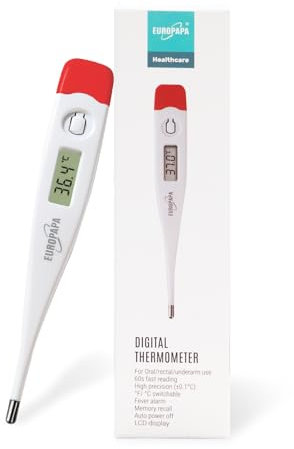 EUROPAPA Thermomètre de fièvre numérique pour bébés, enfants et adultes, thermomètre pour voie orale, axillaire ou rectale, étanche avec alarme de fièvre (Rouge)