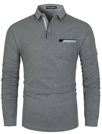VHUQGVU Mens Stylish Polo Cotton Long Sleeve Contrasting Color Regular Top Golf Shirt,Grey,L