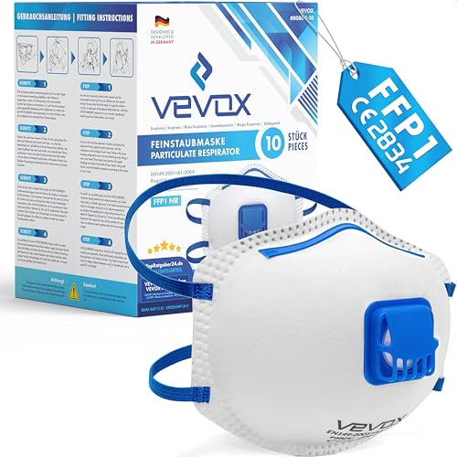 VEVOX® Masque FFP1 - Lot de 20 - Masques Travaux, Chantier et Bricolage anti Poussière avec Valve - Protection contre p. ex. Particules et Poussières Fines de Bois, Ponçage et Construction