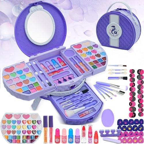 Kids Makeup Sets for Girls - 66 PCS Makeup for Kids With Dresser Vanity Case, Washable and Safe Girls Makeup Sets Ages 3-12, Christmas Birthday Gifts Toys for 4 5 6 7 8 9 Year Old Girl(Purple)