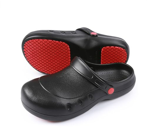 Steel Toe Cap Chef Clogs Men Women Lightweight Non-Slip Waterproof EVA Rubber Safety Shoes Kitchen Garden Work Sandals Black