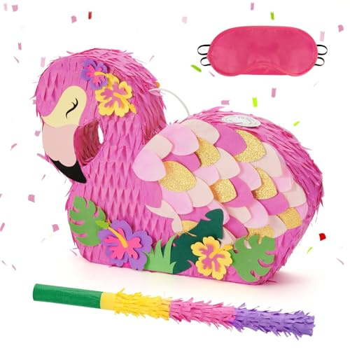 WERNNSAI Flamingo Pinata Pink Bundle with Blindfold and Bat | Tropical Theme Birthday Party Supplies Summer Pool Decoration Campus Carnival Celebration Supplies