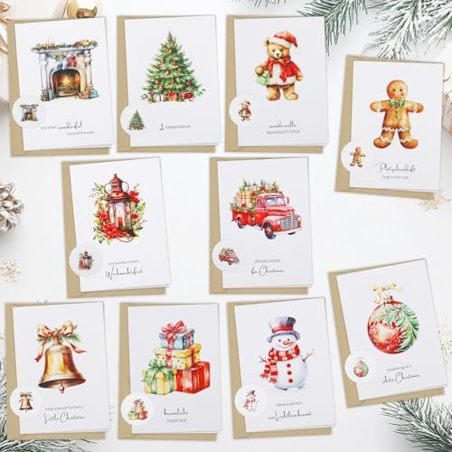WenmthG Weihnachtskarten mit Umschlag Set 10 Stück - Weihnachtskarte mit Umschlag Aufkleber (A6 Klappkarten) - 10 Designs Weihnachtsgrußkarten