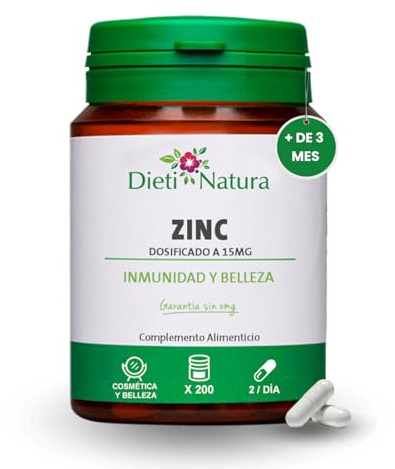 Dieti Natura 200 Cápsulas de Zinc para Fortalecer el Sistema Inmunológico, Mejorar la Salud de Piel y Cabello y las Funciones Cognitivas - Pastillas para el Crecimiento de Cabello para Mujer y Hombre