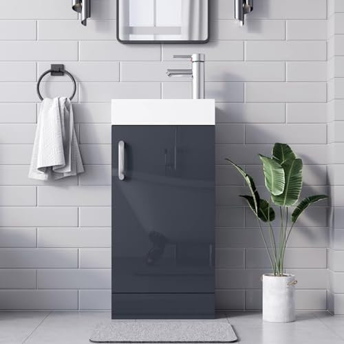 BELOFAY 400mm Floor Standing Bathroom Vanity Unit With Basin - Slim Waterproof Laquered Cloakroom Vanity Unit with 1 Tap Hole Ceramic Basin & Waste | Reversible Tap Fitting (New York Grey)