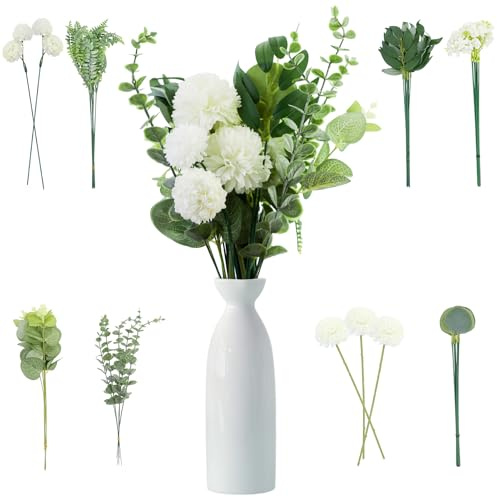 55 stycken konstgjorda blommor och konstgjorda grenar, vita blommor blad konstgjorda dekorativa grenar, silkeskonst blommor konstgjord bukett eukalyptus hortensior för gör-det-själv blombukett