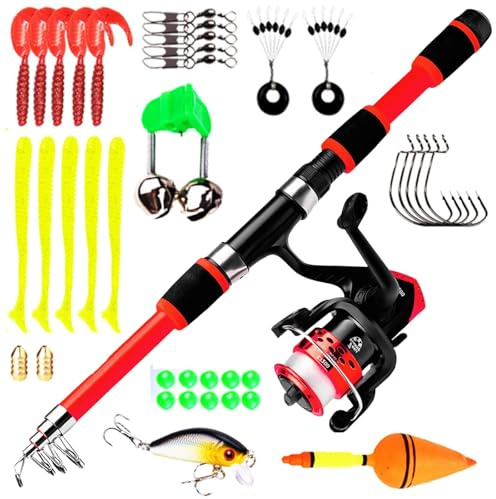 Kit de pesca para niños, juego de pesca para niños, kit de arranque para niños, caña de pescar telescópica de 1,8 m con carrete y cebo, accesorios de pesca para niños, kit de pesca