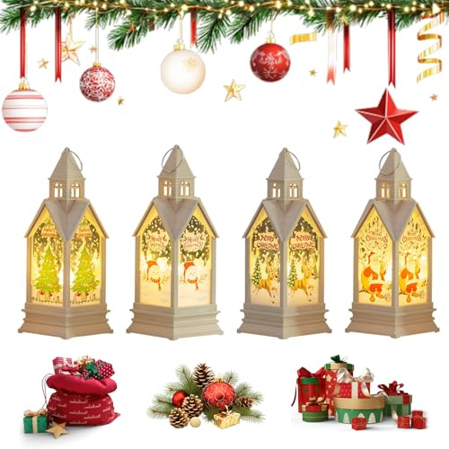 Lot de 4 lanternes de décoration de Noël avec LED, décoration de l'Avent intérieure, guirlandes lumineuses de Noël, éclairage de Noël blanc chaud