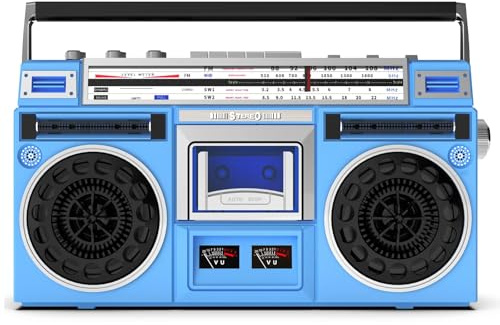 Boombox Système stéréo rétro vintage avec radio AM/FM, lecteur CD, enregistreur de cassette, entrée USB/SD, haut-parleurs intégrés et prise casque 3,5 mm – Style années 80 pour la maison et les
