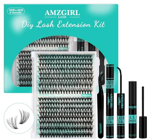 320PCS Kit Ciglia Extension 3040D DIY Kit Extension Ciglia Ciglia Finte Ciuffetti Extension Ciglia Nero Bond e Seal Glue Remover Pinzette(3040D, kit 9-16 mm)