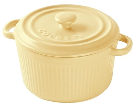 Cacerola con tapa de 250 ml, pequeños moldes redondos de cerámica con asas para lasaña, carne, verduras, para freidora de aire caliente, horno, microondas, amarillo