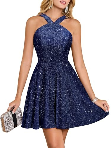 Bridesmay Womens Sparkly Short Halter Dress for Cocktail Homecoming Navy M