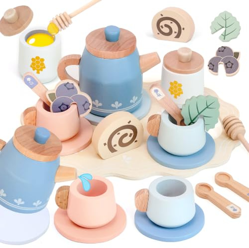 Masonbaby Wooden Tea Set for Little Girls, Play Food Sets for Kids Pretend Play Kitchen Accessories, Princess Toys Tea Party Set, Role Play Educational Toy for Girls Boys Blue