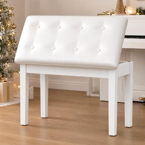 MAMIZO Banqueta Piano 75x35x49CM, Banco Piano con Espacio Almacenamiento | Patas de Madera Maciza, Taburete para Piano con cojín de Cuero PU, Banqueta para Piano Carga Máxima 200KG, Blanco