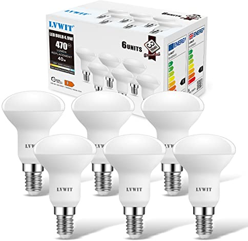 LVWIT LED Reflektorlampe E14 R50,470 lm, Kaltweiß 6500K, 4.9W ersetzt 40W Glühbirne, matt (6er Pack)