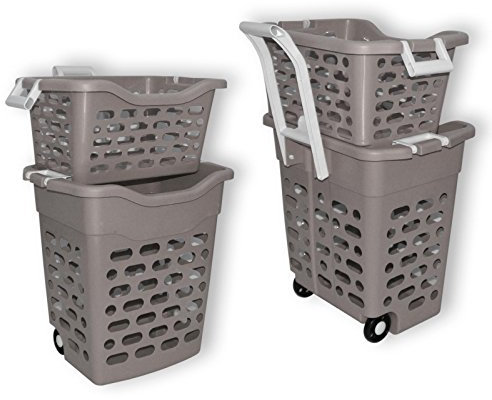 plasteo® Wäschekorb Wäschesammler Wäschesortierer | Fahrbar mit 2 Körbe und Griffen | Wäsche Trennen | Robust und Stabil | 50 Liter + 20 Liter | Luftdurchlässig | Taupe
