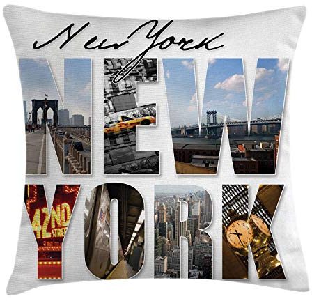 ABAKUHAUS Estados Unidos Funda para Almohadón, Collage de Nueva York, Decorativo, Estampado en Ambos Lados, 45 x 45 cm, Blanco Y Negro