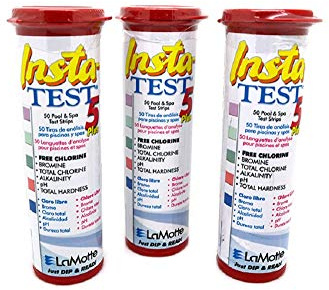 LaMotte 5-vägs Insta testremsor plus för pool och badtunna spa fri klor eller brom, pH, totalt klor, total alkalinitet och total hårdhet - 50 x 3