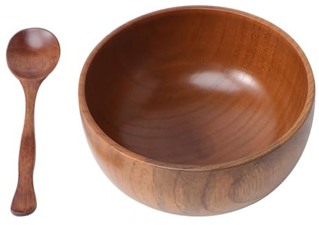 2-Piece Wooden Bowl and Spoon Set 9.5Cm Eco-Friendly Rice Bowl for Salads Soups and Snacks Natural Wood Tableware for Home Dining