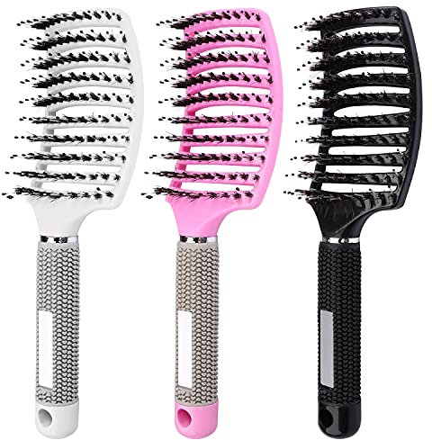 Boar Bristle Hair Brush Set - 3 Pcs Curly Hair Detangling Brush, Vented Extension Brushes, Slick Back Comb for Women Men Natural Curly Straight Hair (Black Pink White)