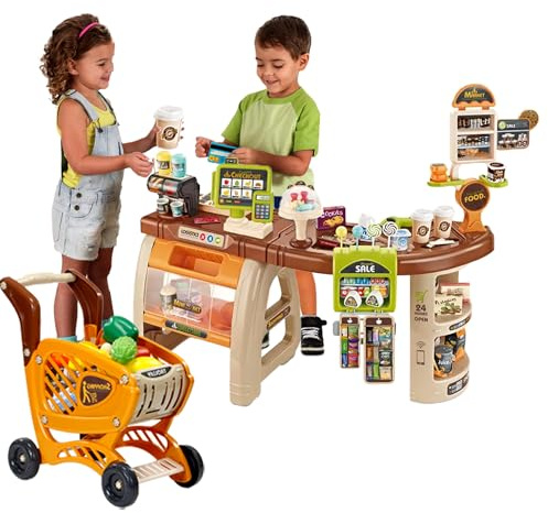 Coo11 65 PCS Kids Supermarket Playset with Trolley, POS Cash Register & Juice Maker Machine, Food Grocery Store, Display Rack, Shopping Cart, Educational Pretend Play Toy Set for Toddlers Ages 3+