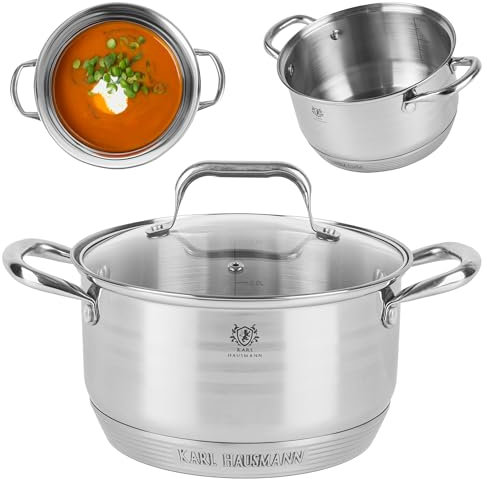KARL HAUSMANN Pentola Acciaio Inox - 4.7L - 23 cm - Casseruola Induzione con Coperchio Vetro - Pentola Inox 18/0 - Scala Misura - Per Tutti i Fuochi - Pentole Acciaio Inossidabile