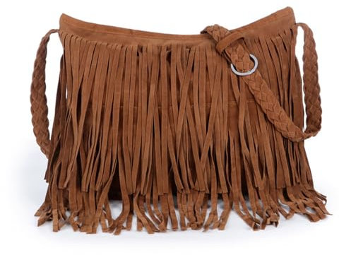 LSFYSZD Hippie Umhängetasche aus Wildlederimitat mit Fransen für Damen, Boho-Quaste, Umhängetasche, Vintage, 70er-Jahre-Stil, Crossbody-Tasche, Ein Braun, 15*4.5*10in
